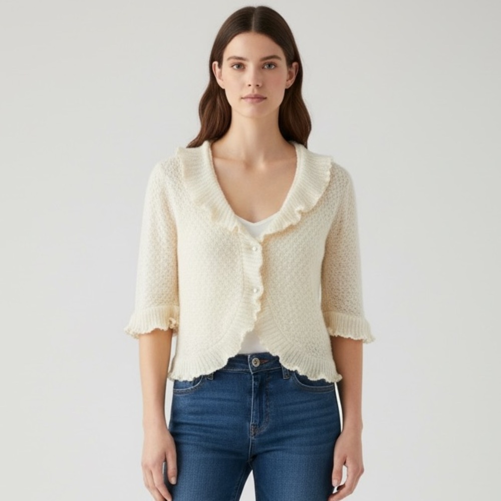Lord & Taylor vintage Cream Ruffle Ribbon-Trim Knit Cardigan pearl buttons